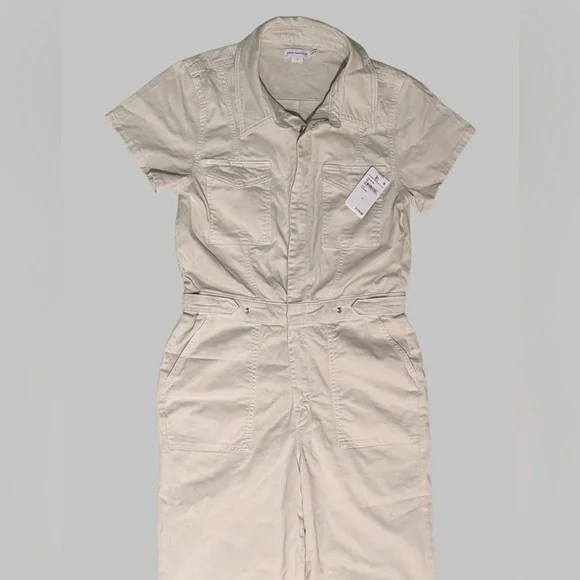 Good American Fit For Success Twill Palazzo Crop Jumpsuit in Ecru, Size: Large - Picture 9 of 14